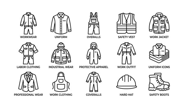 Industrial workwear and protective clothing icon set
