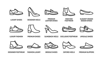 Obraz premium Outline icons of various designer shoes including heels and loafers