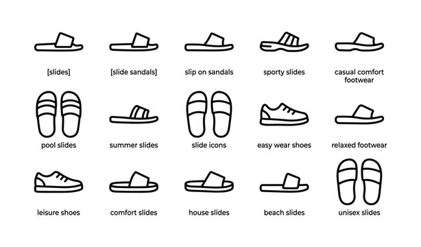 Various slide sandals and shoes icon set for casual comfort and style