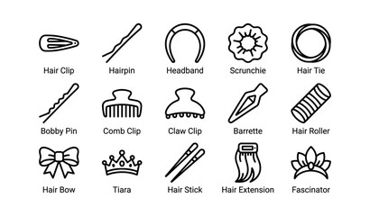 Vector icons of hair accessories: clips, headband, scrunchie, tiara, fascinator