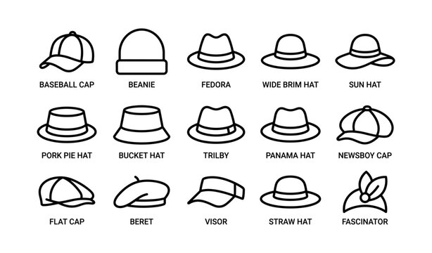Variety of hat styles: baseball, fedora, bucket, beret, visor, and more illustrated