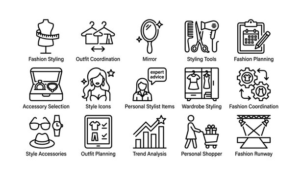 Fashion styling and wardrobe coordination icons for trend analysis and personal shopping
