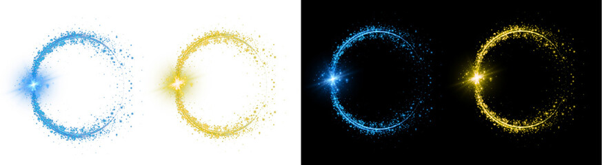 PNG image of Sparkling light trails forming dynamic circular magic glowing borders in blue and gold on transparent background © MariaAlam