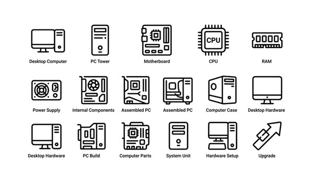 Desktop computer components icons: cpu, motherboard, ram, power supply, pc tower