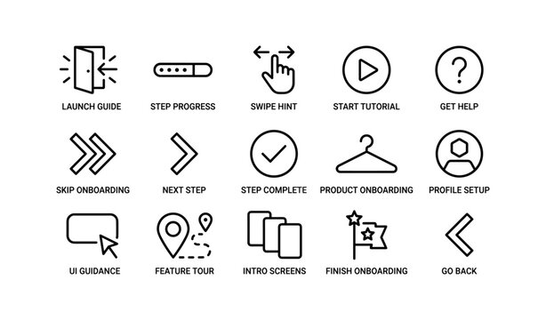 User interface onboarding icons for mobile app navigation and tutorials