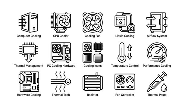 Computer cooling icons collection featuring cpu cooler, radiator, and fan controller systems