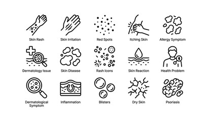 Dermatology icons illustrating skin rash, itching, allergy, inflammation, psoriasis