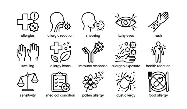 Allergy icons collection: allergic reaction, sneezing, itchy eyes, rash, swelling