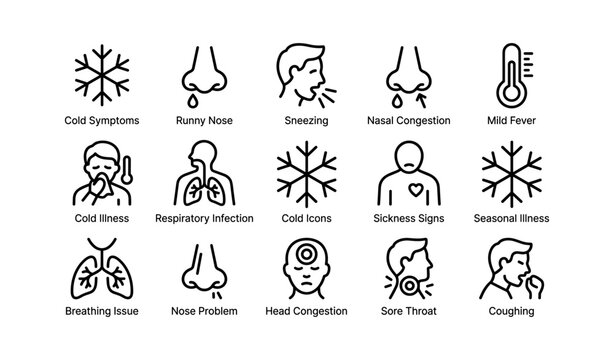 Illustrated icons of common cold symptoms and signs