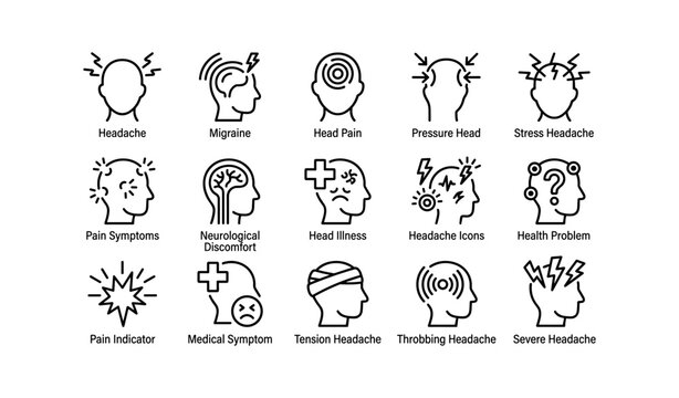 Headache and pain symptoms icon set: migraine, pressure, neurological discomfort