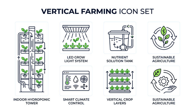 Set of Icons Representing Vertical Farming Techniques and Technologies