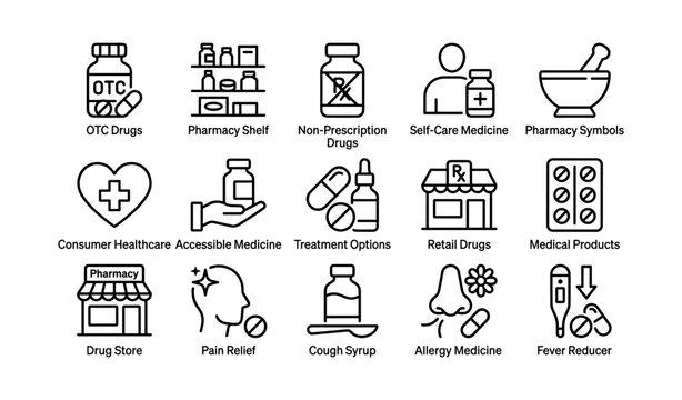 Icons representing otc drugs, treatment options, and pharmacy symbols