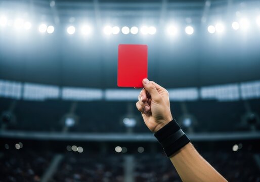 Referee showing red card in a soccer stadium