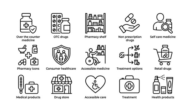 Pharmacy icons: over the counter medicine and healthcare symbols