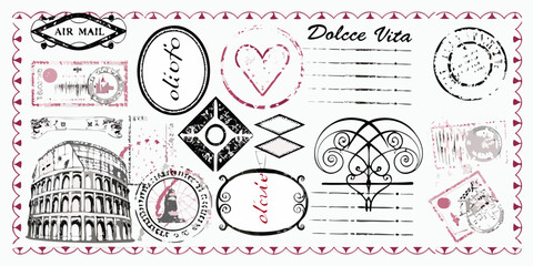 Vintage postcard collage featuring italian motifs and postage stamps © Bijon