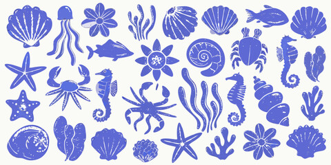 Blue monochrome illustration of various marine life and seashells © Bijon