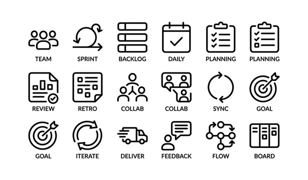 Agile project management icons: sprint, backlog, daily, planning, review, collaboration