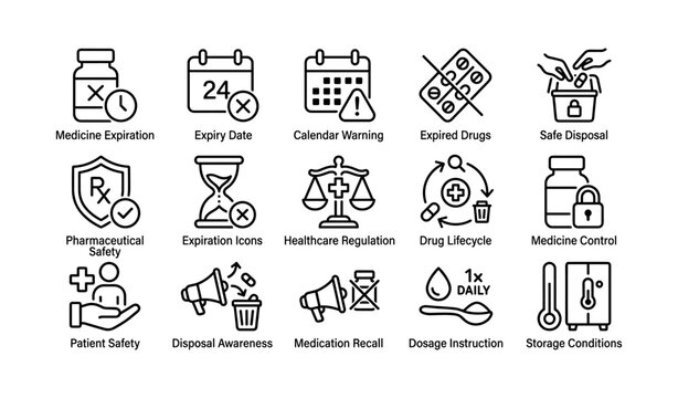 Medicine expiration date and safe disposal icons for healthcare safety