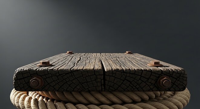 Close-up of weathered wooden plank with metal bolts on coiled rope against dark background.