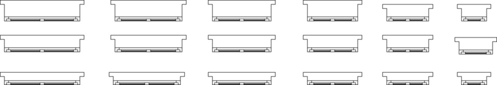Technical architectural detail drawings showing multiple window or door frame section elevations with various sill and lintel configurations in grid layout.