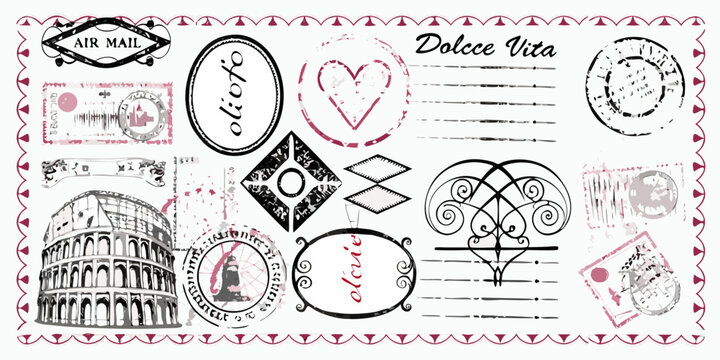 Vintage postcard collage featuring italian motifs and postage stamps