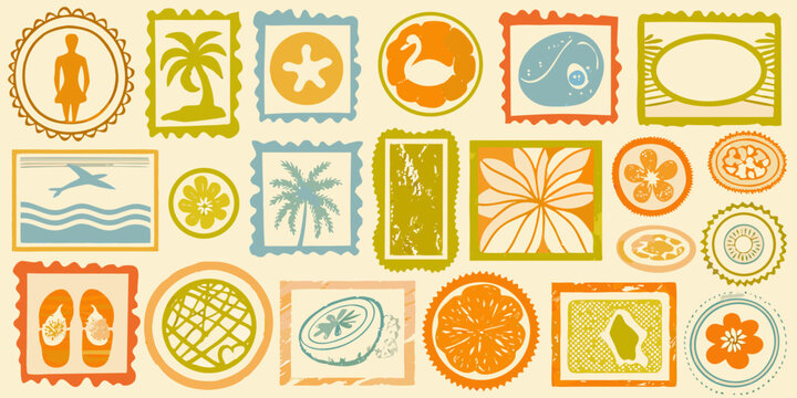 Collection of vintage style illustrated postage stamps with various motifs
