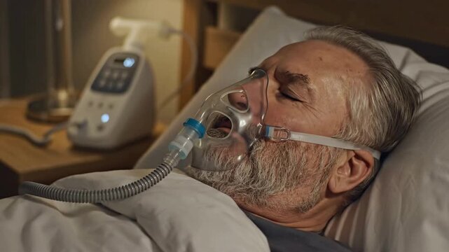Senior Man Sleeping Peacefuly With CPAP Mask Connected to Machine