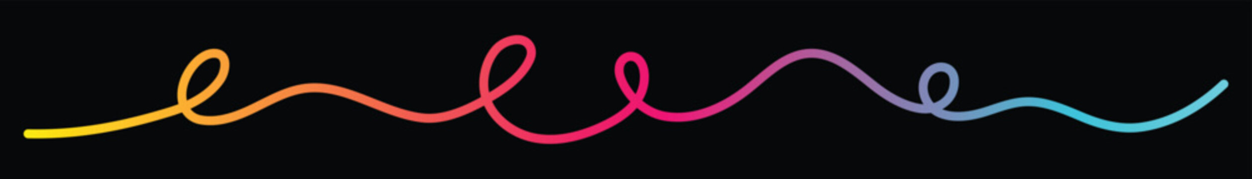 Thin loopy hand drawn line with orange pink and blue gradient on black background for artistic doodle design