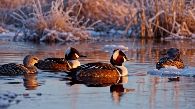 Hooded merganser ducks swim in calm water with ice in winter with warm sunlight reflections