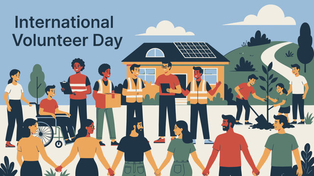 International Volunteer Day Celebration with Diverse Group vector illustration