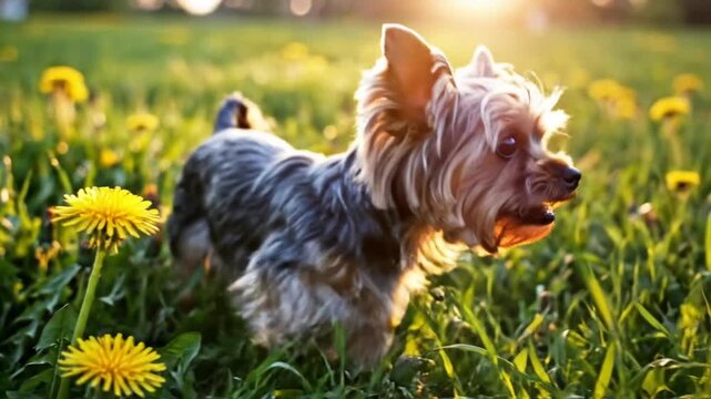 Adorable Yorkshire Terrier enjoying a sunny meadow sniffing yellow dandelions and prancing through green grass
