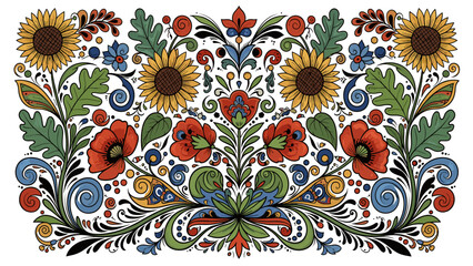 Vibrant Folk Floral Border Design, Decorative Ukrainian Art Element © Nimker harva