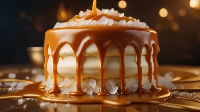 Delicious caramel cake with salted caramel drizzle and flaky sea salt