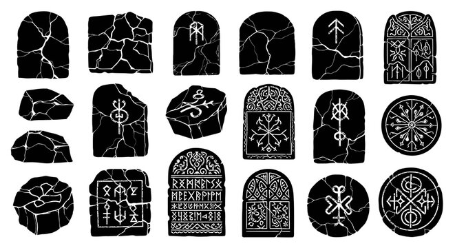 Black White Vector Ancient Rune Stones and Mystic Glyphs Collection - Pagan Fantasy Art
