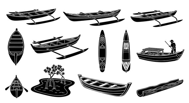 Traditional Watercraft  Island Life Glyphs Set: Canoes, Outriggers, Kayaks, Fishing Boats, Mangroves