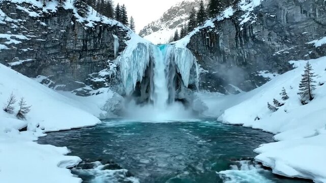 Scenic winter waterfall framed by icy formations and snow covered cliffs, showcasing nature's beauty in a majestic landscape