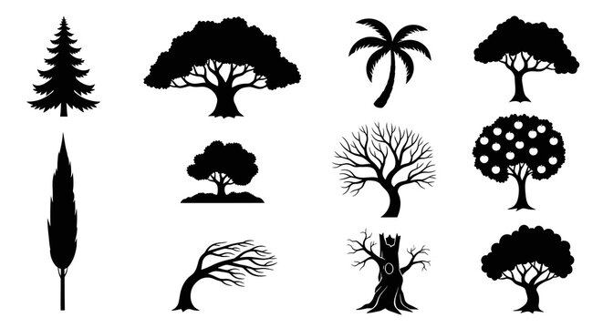Nature  Ecology Vector Tree Silhouettes Set - Diverse Black  White Glyph Icons for Landscape Design