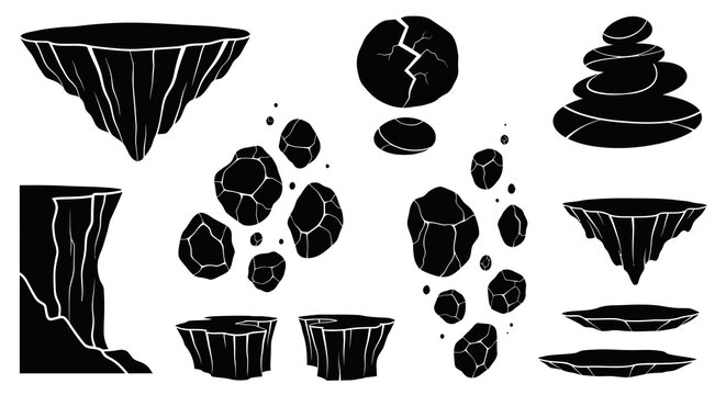 Fantasy Gaming Environment Rocks  Floating Islands: Black and White Vector Silhouette Icons