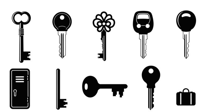 Variety of Keys and Locks Black and White Glyph Icons for Security, Home  Automotive