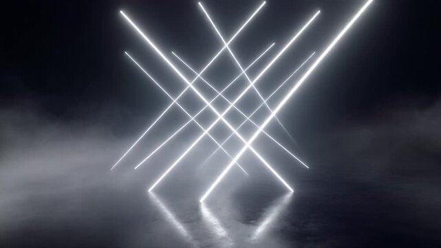 neon white light lines intersecting in dark background with fog
