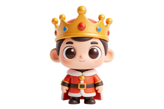 A cartoon boy dressed as a king wearing a crown and red cape standing indoors