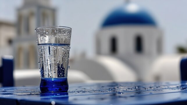 Chilled ouzo glass between blue dome church and white walls, condensation droplets, typical Greek summer vibe, refreshing vacation visual