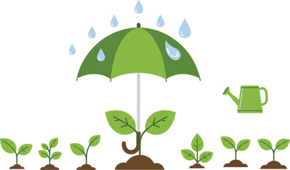 Green umbrella protecting small plant sprout from rain drops with watering can and growing seedlings in garden vector © MDRONI