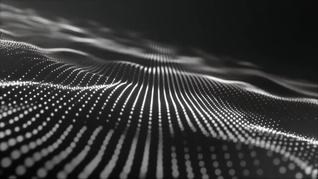 Black and white digital wave pattern with dots and lines