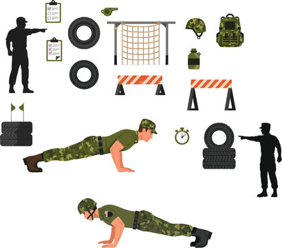 Soldier in camouflage uniform doing pushups at military boot camp obstacle course with tires and training equipment vector