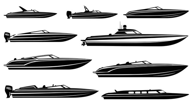 Marine Industry Black and White Silhouette Vector Set of Speedboats and Powerboats