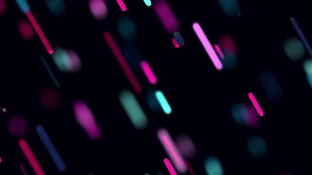Abstract motion graphics featuring glowing pink and teal neon light streaks flying diagonally across the screen with a soft bokeh depth of field effect.