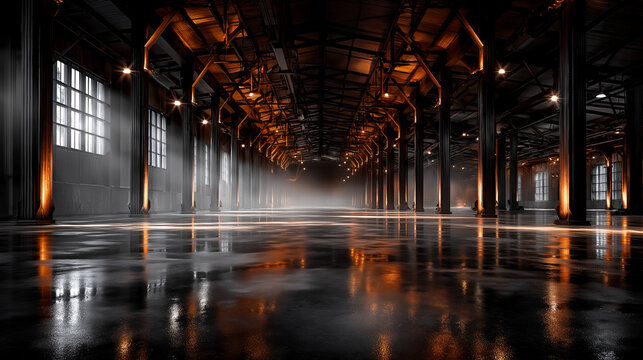 Empty cinematic industrial warehouse interior with dramatic sunlight rays and blue lighting. Dark factory hall with reflective concrete floor and metal structure. High quality mockup background
