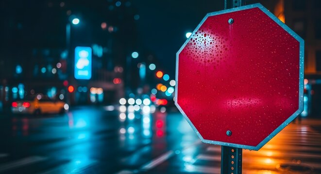 A blank red stop sign stands on a wet city street at night, reflecting blurred urban lights.