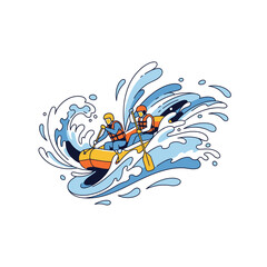 Two people rafting down a wild river with splashing water and waves